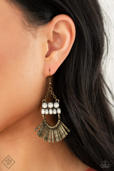 A FLARE FOR FIERCENESS - BRASS FRAME WHITE OPALESCENT BEAD EARRINGS - FASHION FIX MAY 2021 - PAPARAZZI
