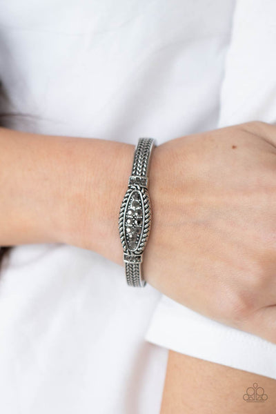 LOCKED IN LUSTER - SILVER HEMATITE RHINESTONE HINGED BRACELET - PAPARAZZI