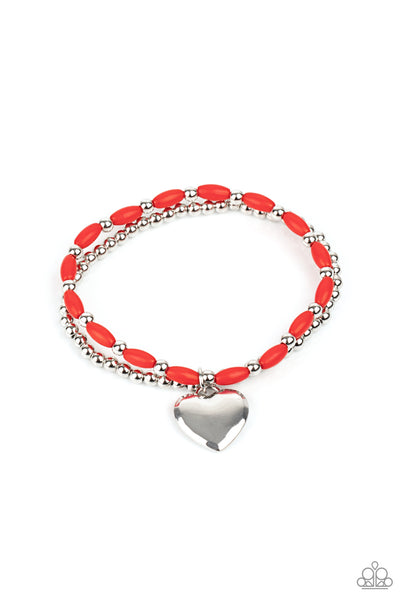 CANDY GRAM - RED SILVER BEAD HEART STRETCHY BRACELETS