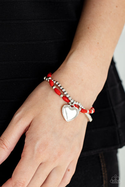 CANDY GRAM - RED SILVER BEAD HEART STRETCHY BRACELETS