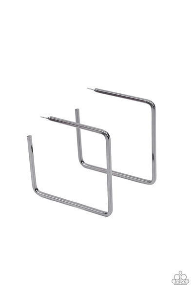MATERIAL GIRL MAGIC - BLACK SQUARE GUNMETAL HOOP EARRINGS - PAPARAZZI