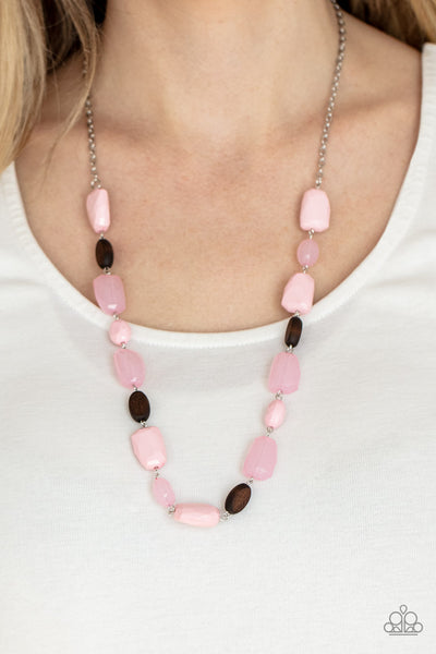 MEADOW ESCAPE - PINK AND WOODEN BEAD NECKLACE - PAPARAZZI