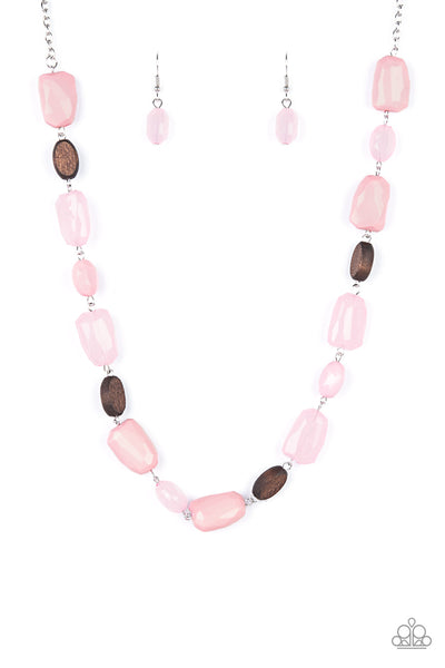 MEADOW ESCAPE - PINK AND WOODEN BEAD NECKLACE - PAPARAZZI