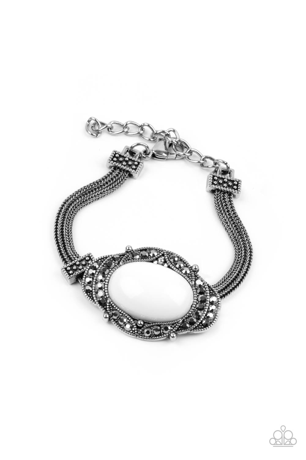 TOP-NOTCH DRAMA - WHITE OVAL BEAD HEMATITE RHINESTONE SILVER BRACELET - PAPARAZZI
