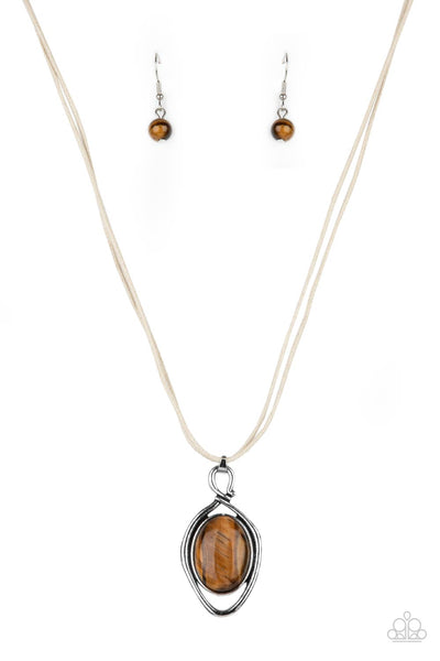 DESERT MYSTERY - BROWN TIGERS EYE STONE WHITE CORD NECKLACE - PAPARAZZI