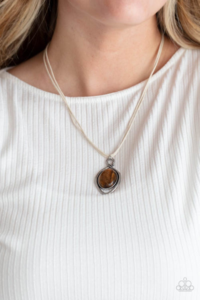 DESERT MYSTERY - BROWN TIGERS EYE STONE WHITE CORD NECKLACE - PAPARAZZI