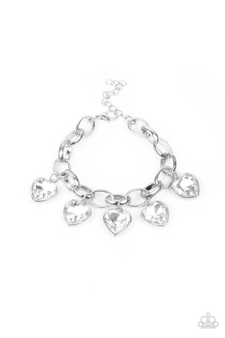 CANDY HEART CHARMER - WHITE HEART GEM SILVER BRACELET - PAPARAZZI