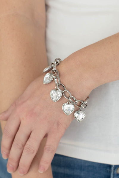 CANDY HEART CHARMER - WHITE HEART GEM SILVER BRACELET - PAPARAZZI