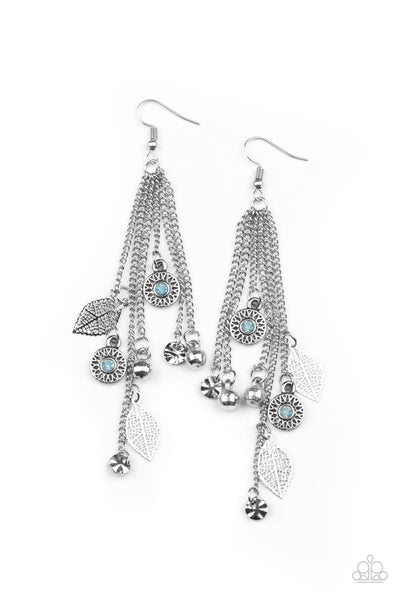 A NATURAL CHARMER - BLUE RHINESTONE SILVER LEAF EARRINGS