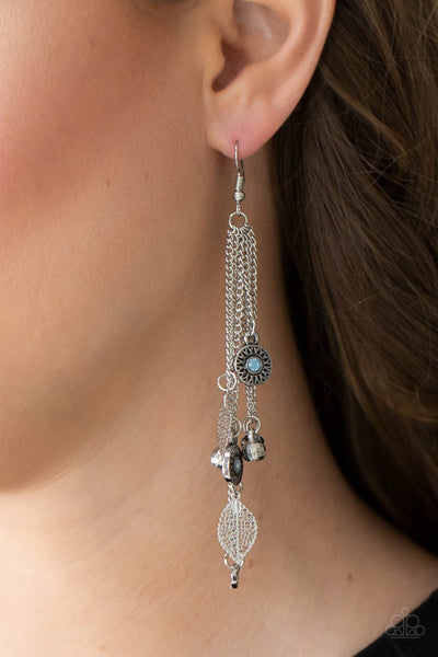 A NATURAL CHARMER - BLUE RHINESTONE SILVER LEAF EARRINGS