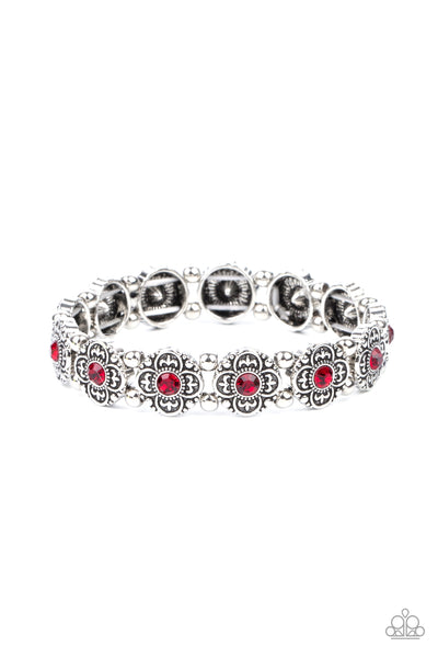 TRES MAGNIFIQUE - RED RHINESTONE SILVER STRETCHY BRACELET - PAPARAZZI