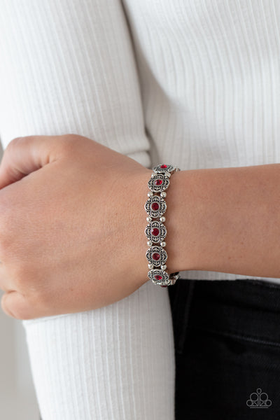 TRES MAGNIFIQUE - RED RHINESTONE SILVER STRETCHY BRACELET - PAPARAZZI