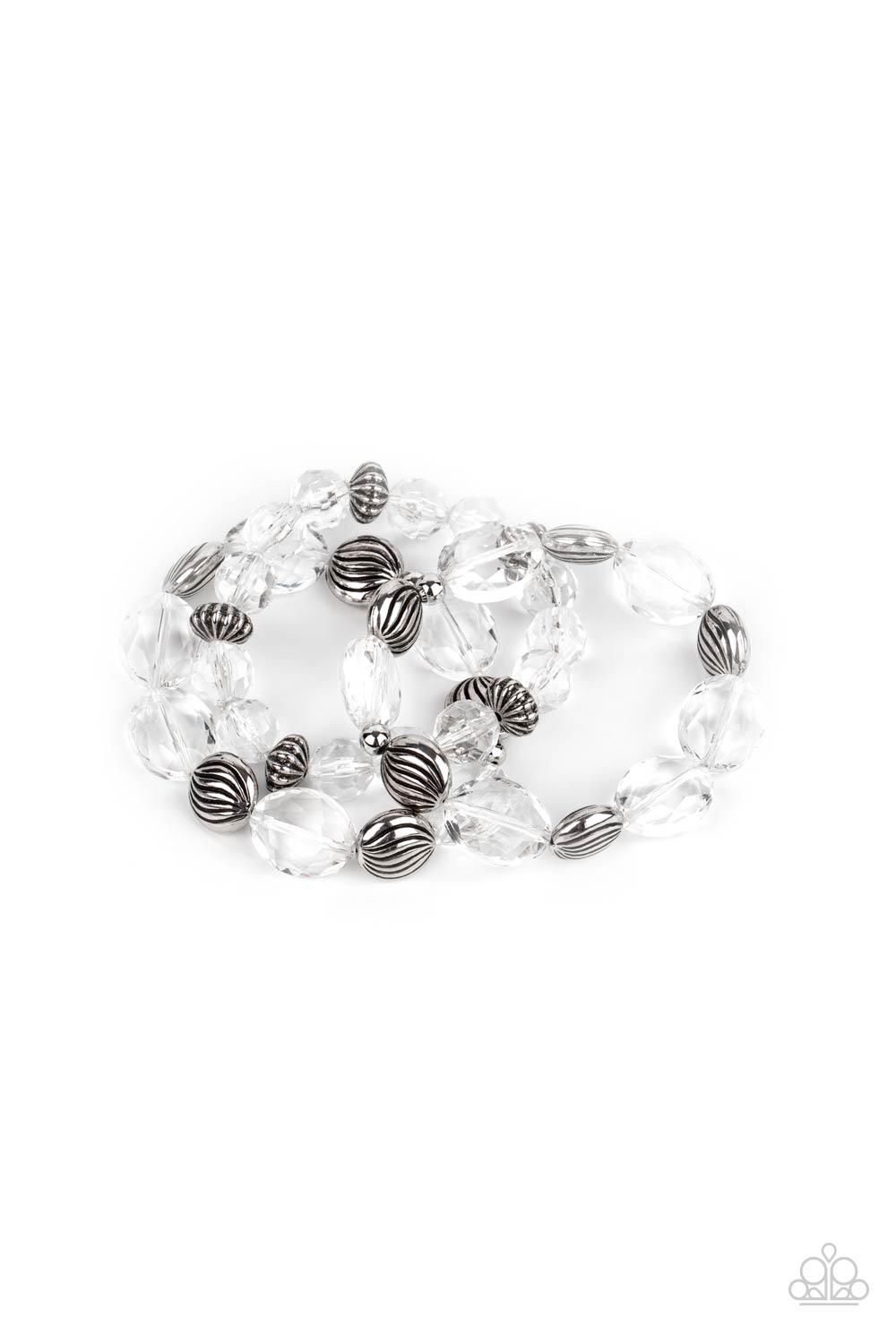 CRYSTAL CHARISMA - WHITE CRYSTAL BEAD SILVER ACCENT STRETCHY BRACELET SET - PAPARAZZI