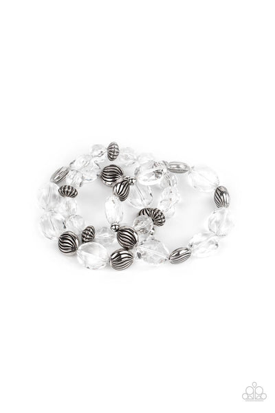 CRYSTAL CHARISMA - WHITE CRYSTAL BEAD SILVER ACCENT STRETCHY BRACELET SET - PAPARAZZI