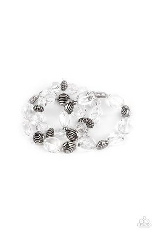 CRYSTAL CHARISMA - WHITE CRYSTAL BEAD SILVER ACCENT STRETCHY BRACELET SET - PAPARAZZI
