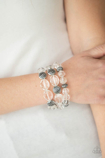 CRYSTAL CHARISMA - WHITE CRYSTAL BEAD SILVER ACCENT STRETCHY BRACELET SET - PAPARAZZI