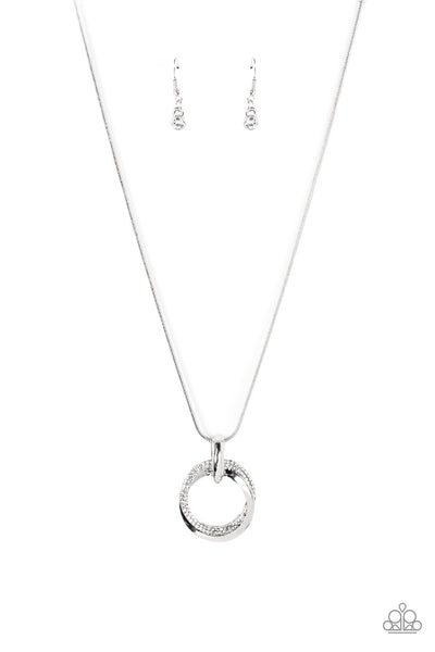 SPHERE OF INFLUENCE - WHITE RHINESTONE SILVER CIRCLE PENTANT NECKLACE - PAPARAZZI