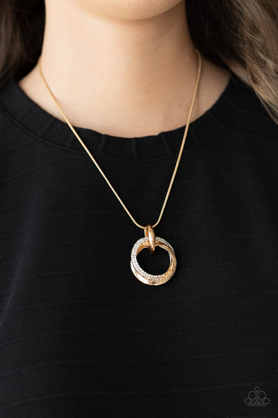 SPHERE OF INFLUENCE - GOLD CIRCLE WHITE RHINESTONE NECKLACE - PAPARAZZI