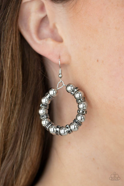 COSMIC HALO - SILVER HEMATITE RHINESTONE BEAD EARRINGS - PAPARAZZI
