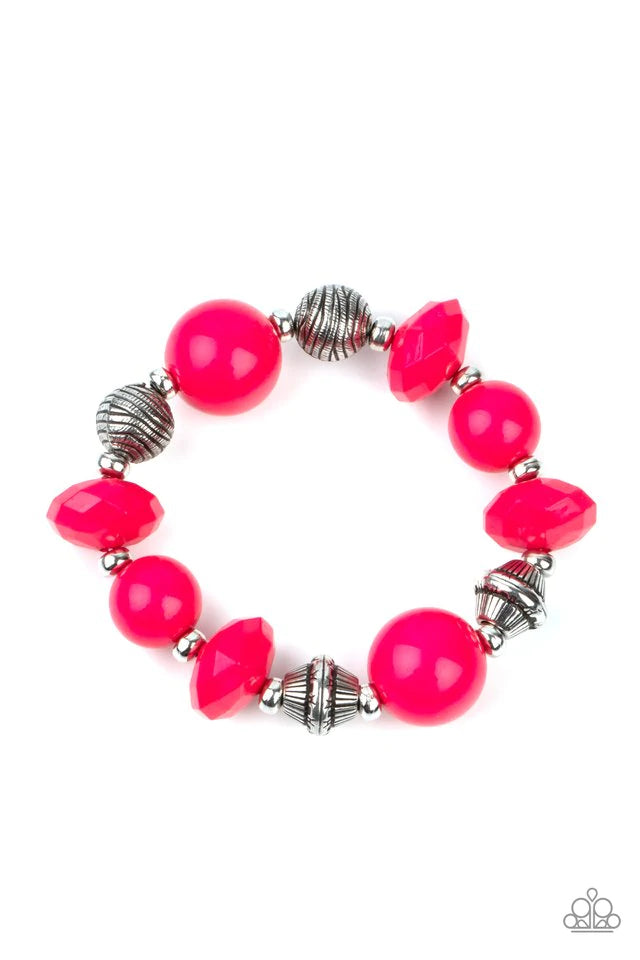 DAY TRIP DISCOVERY - PINK AND SILVER BEAD STRETCHY BRACELET - PAPARAZZI