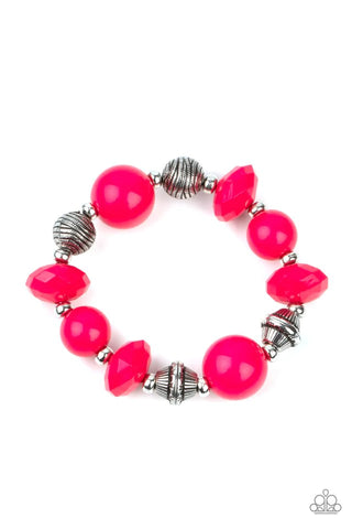 DAY TRIP DISCOVERY - PINK AND SILVER BEAD STRETCHY BRACELET - PAPARAZZI