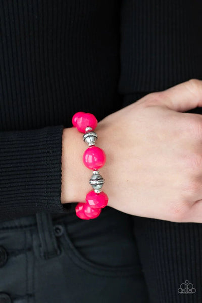 DAY TRIP DISCOVERY - PINK AND SILVER BEAD STRETCHY BRACELET - PAPARAZZI