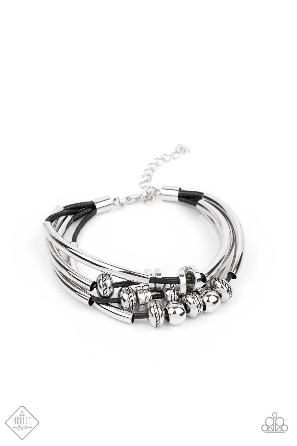 WE AIM TO PLEASE - BLACK CORDING SILVER BRACELET - FASHION FIX EXCLUSIVE APRIL 2021 - PAPARAZZI
