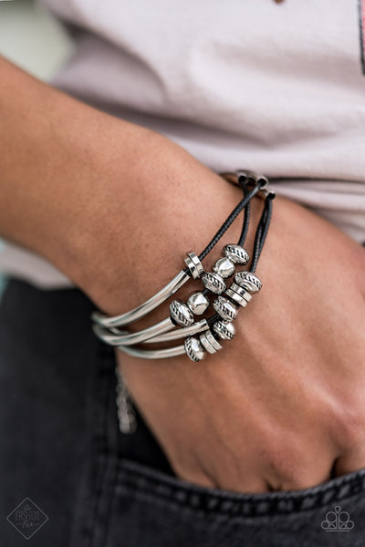 WE AIM TO PLEASE - BLACK CORDING SILVER BRACELET - FASHION FIX EXCLUSIVE APRIL 2021 - PAPARAZZI
