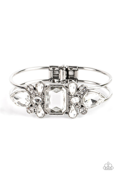 CALL ME OLD-FASHIONED – WHITE RHINESTONE SILVER HINGE BRACELET - PAPARAZZI - 2021 SUMMER PARTY PACK EXCLUSIVE