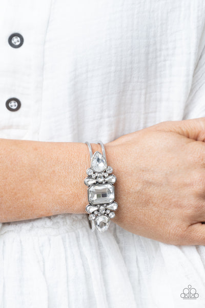 CALL ME OLD-FASHIONED – WHITE RHINESTONE SILVER HINGE BRACELET - PAPARAZZI - 2021 SUMMER PARTY PACK EXCLUSIVE