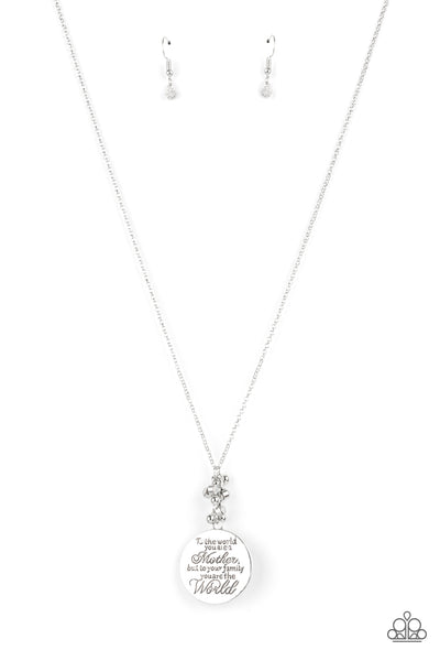 MATERNAL BLESSINGS -WHITE RHINESTONE SILVER MOTHER'S THEME NECKLACE - PAPARAZZI