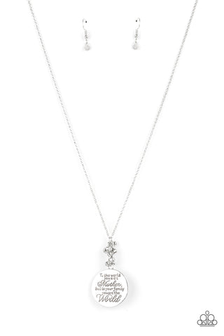 MATERNAL BLESSINGS -WHITE RHINESTONE SILVER MOTHER'S THEME NECKLACE - PAPARAZZI