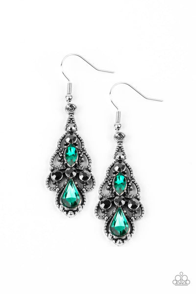 URBAN RADIANCE - GREEN AND HEMATITE RHINESTONE SILVER EARRINGS - PAPARAZZI