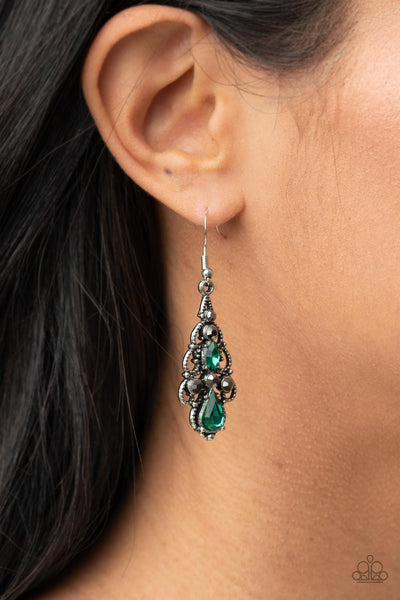 URBAN RADIANCE - GREEN AND HEMATITE RHINESTONE SILVER EARRINGS - PAPARAZZI