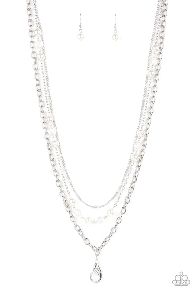 GLEAM WORK - WHITE PEARL BEAD SILVER LAYERED LANYARD NECKLACE - PAPARAZZI