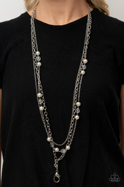 GLEAM WORK - WHITE PEARL BEAD SILVER LAYERED LANYARD NECKLACE - PAPARAZZI