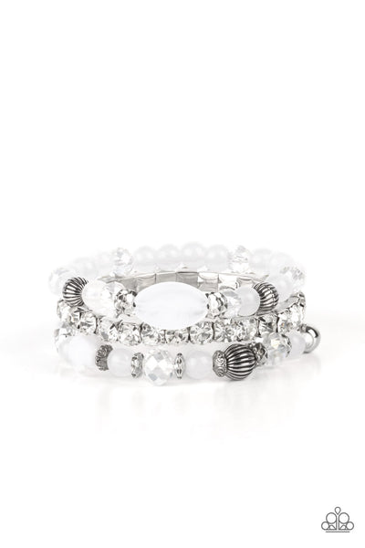 ETHEREAL ETIQUETTE - WHITE RHINESTONE CRYSTAL SILVER BEAD STRETCHY BRACELET