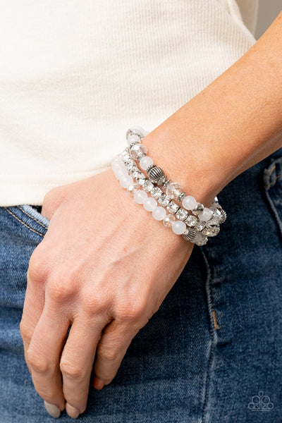 ETHEREAL ETIQUETTE - WHITE RHINESTONE CRYSTAL SILVER BEAD STRETCHY BRACELET