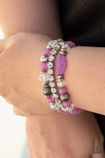 ETHEREAL ETIQUETTE - PURPLE SILVER BEAD WHITE RHINESTONE STRETCHY BRACELET