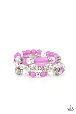 ETHEREAL ETIQUETTE - PURPLE SILVER BEAD WHITE RHINESTONE STRETCHY BRACELET