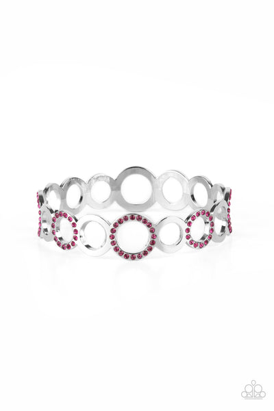 FUTURE, PAST, AND POLISHED - PINK RHINESTONE SILVER CIRCLE BANGLE BRACELET