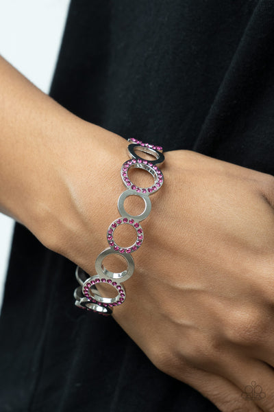 FUTURE, PAST, AND POLISHED - PINK RHINESTONE SILVER CIRCLE BANGLE BRACELET