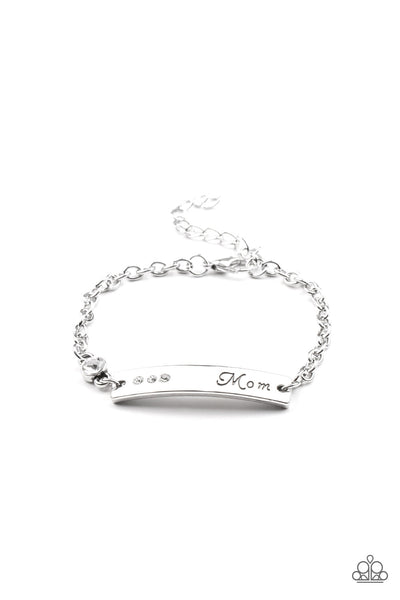 MOM ALWAYS KNOWS - WHITE RHINESTONE SILVER PLATE "MOM" BRACELET - PAPARAZZI