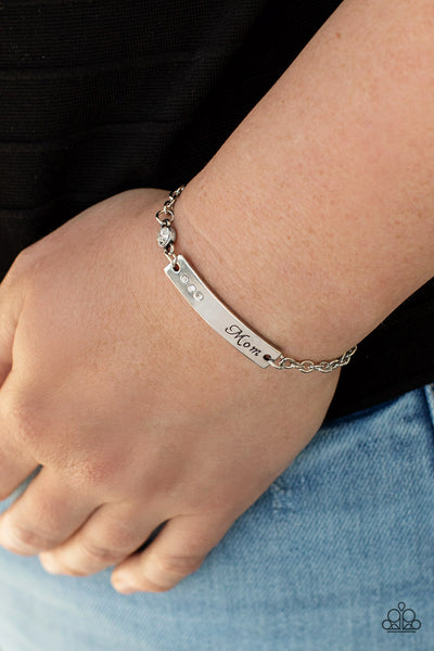 MOM ALWAYS KNOWS - WHITE RHINESTONE SILVER PLATE "MOM" BRACELET - PAPARAZZI