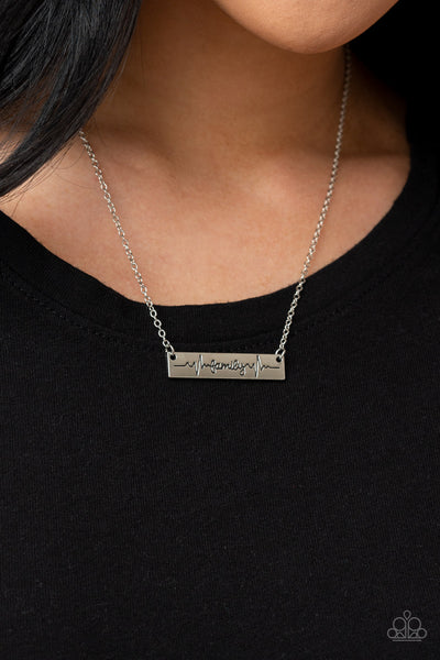 LIVING THE MOM LIFE - SILVER FAMILY HEARTBEAT DAINTY NECKLACE - PAPARAZZI