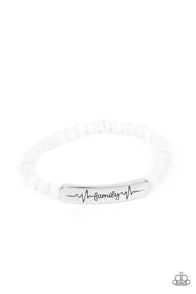 FAMILY IS FOREVER - WHITE CAT'S EYE STONE SILVER "FAMILY" STRETCHY BRACELET - PAPARAZZI