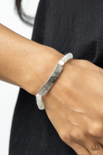 FAMILY IS FOREVER - WHITE CAT'S EYE STONE SILVER "FAMILY" STRETCHY BRACELET - PAPARAZZI