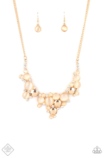 FAIRYTALE AFFAIR - GOLD CAT'S EYE STONE WHITE RHINESTONE NECKLACE JUNE 2021 FASHION FIX - PAPARAZZI