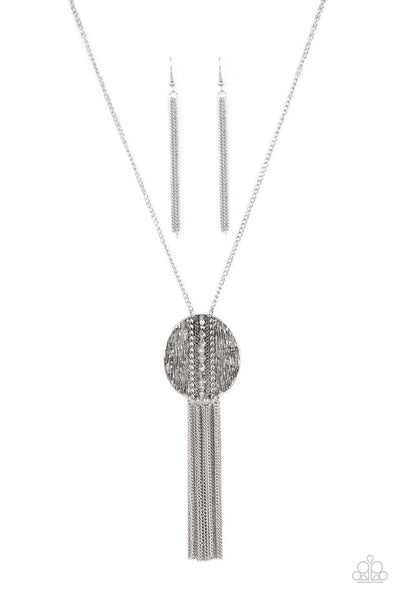 RADICAL REFINERY - SILVER RHINESTONE TEXTURED PLATE PENDANT NECKLACE - PAPARAZZI
