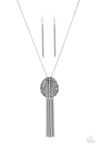RADICAL REFINERY - SILVER RHINESTONE TEXTURED PLATE PENDANT NECKLACE - PAPARAZZI